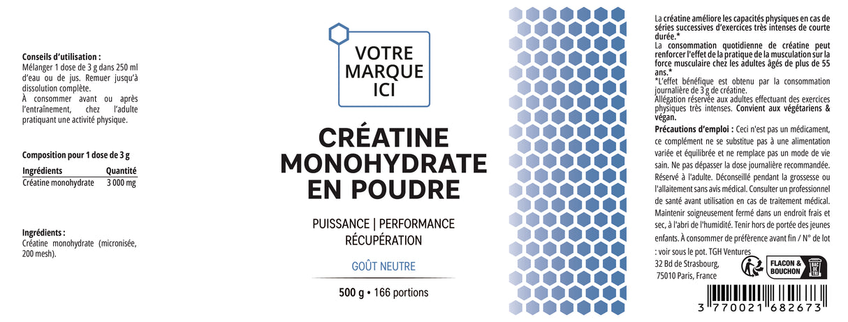 Créatine Monohydrate en poudre 500g